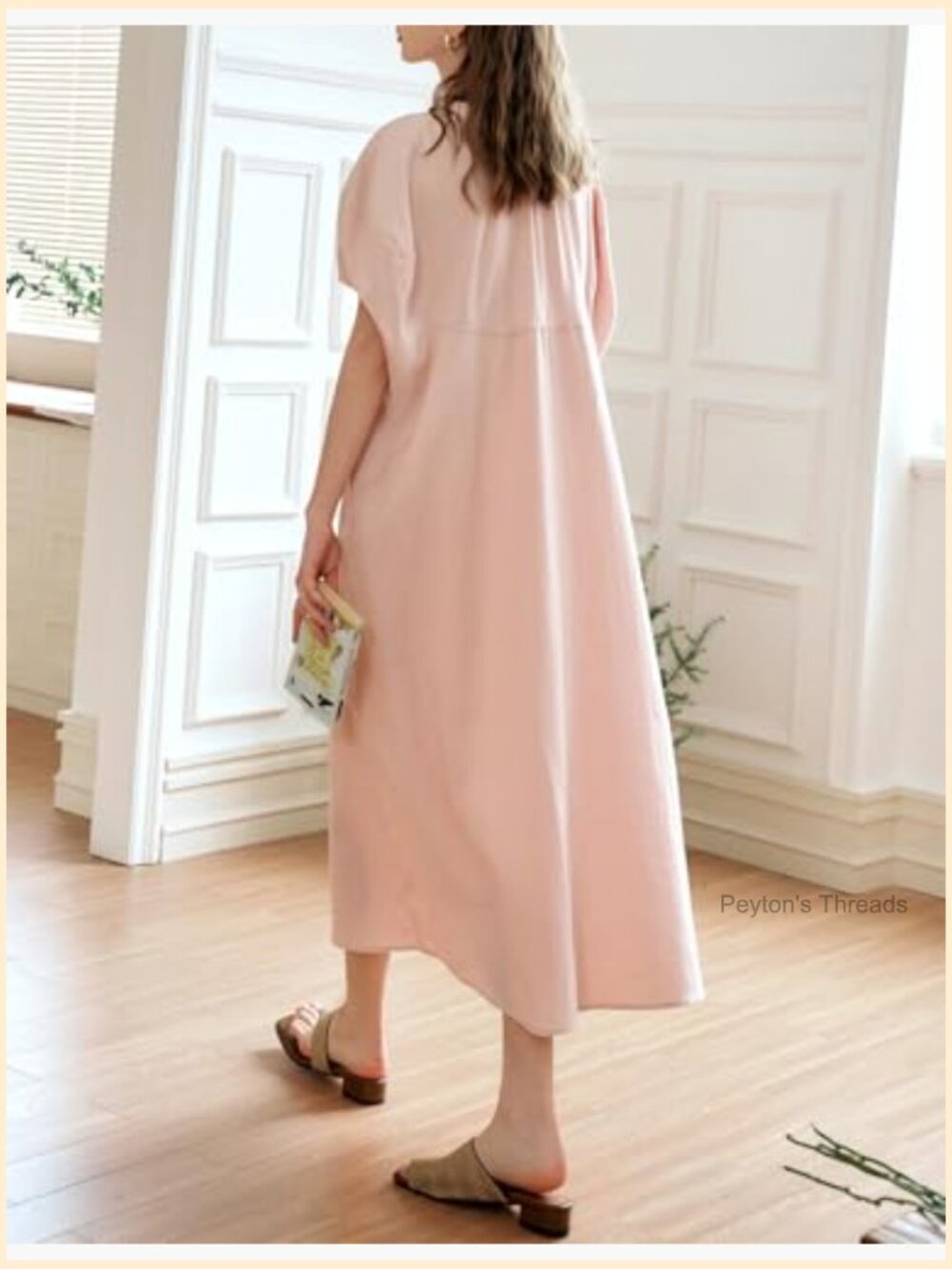 Puff Sleeve Loose Maxi Dress, Elastic Crew Neck, Pleated Casual Midi Dress - Picture 2 of 7